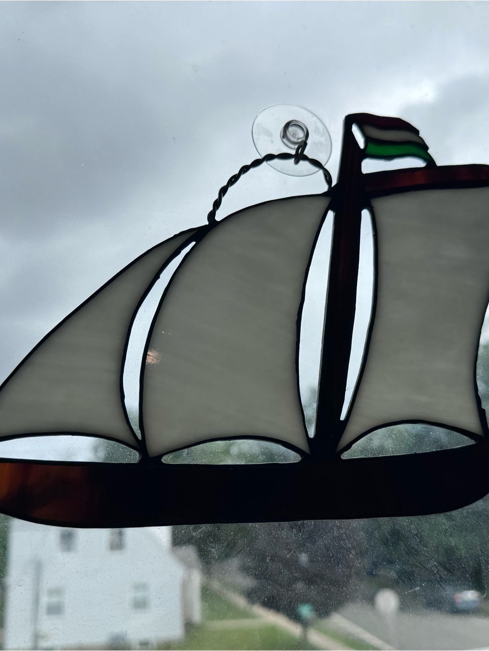 Handmade Stained Glass Sailboat Window Hanging - White and Brown